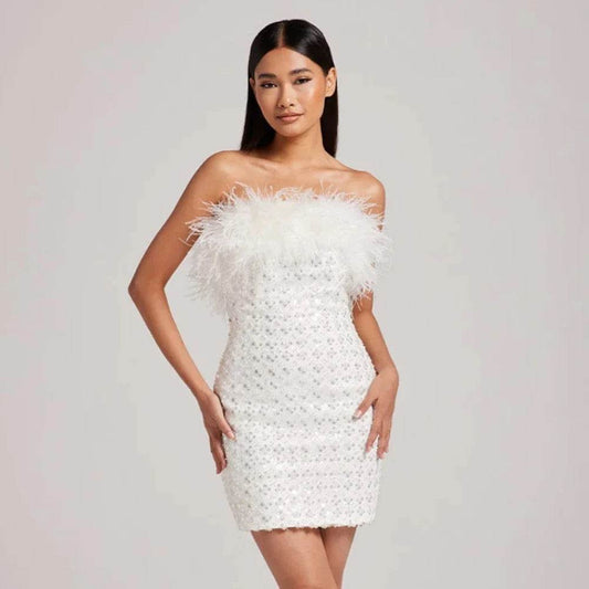 White Strapless Feather Sequins Tight Fit Mini Dress - REBECATHELABEL