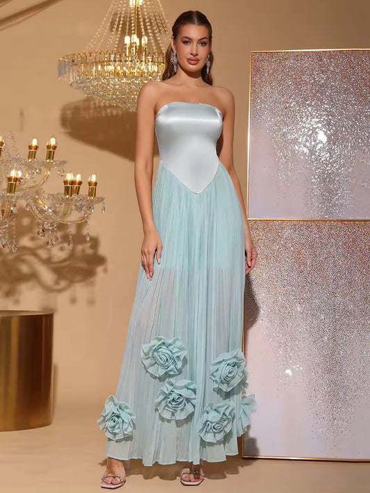 Off Shoulder High Waist Slim Sunflower Pleated Long Dress