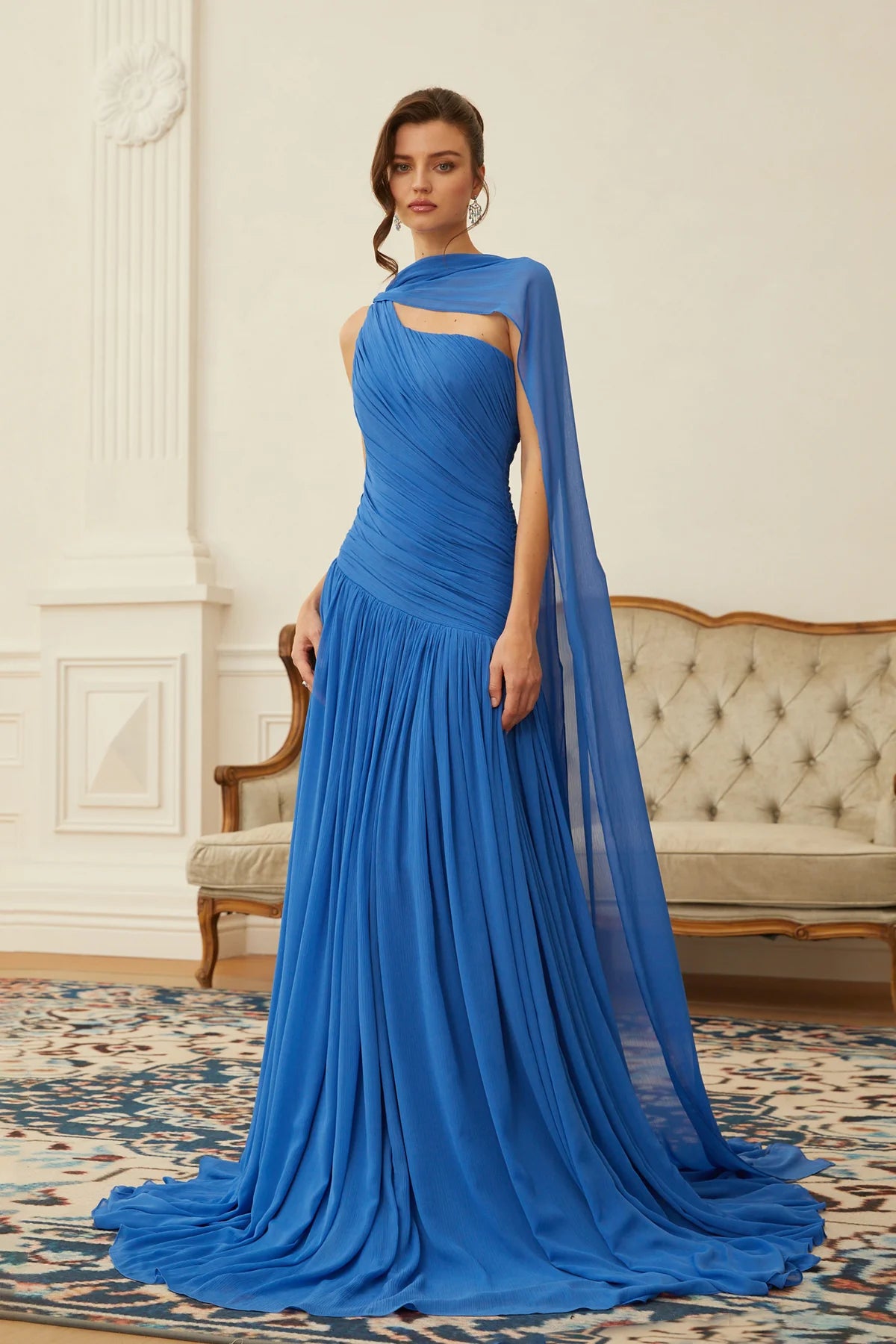 Blue Cape Design Ruched Maxi Dress