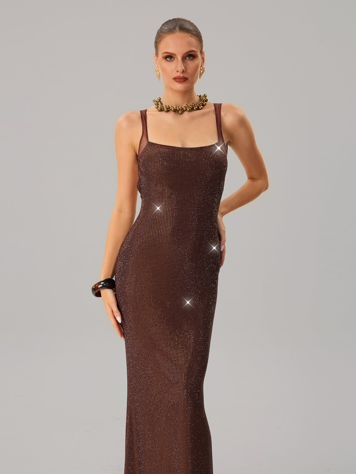 Backless Rhinestone Maxi Dress In Brown