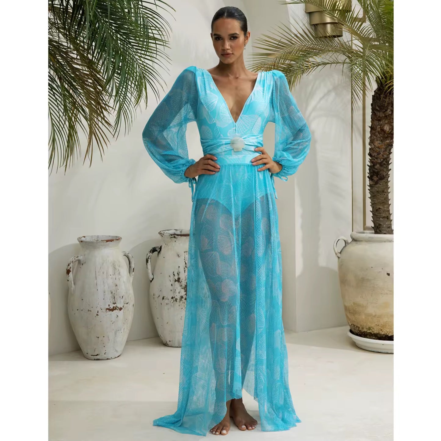 V Neck Shell Print Decor Long Sleeve One Piece Swimsuit and Skirt