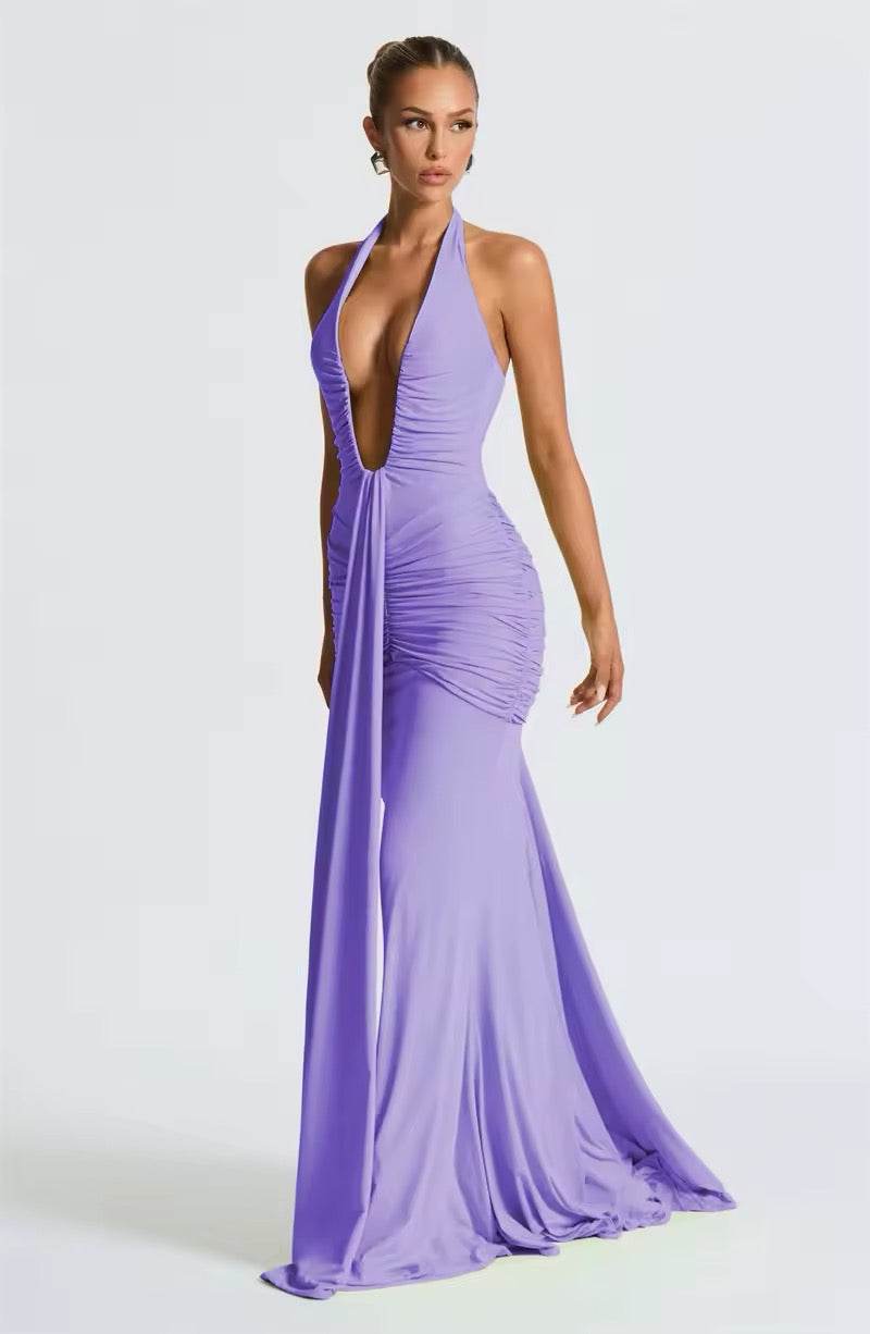 Deep V Neck Backless Ruched Sexy Maxi Dress - REBECATHELABEL