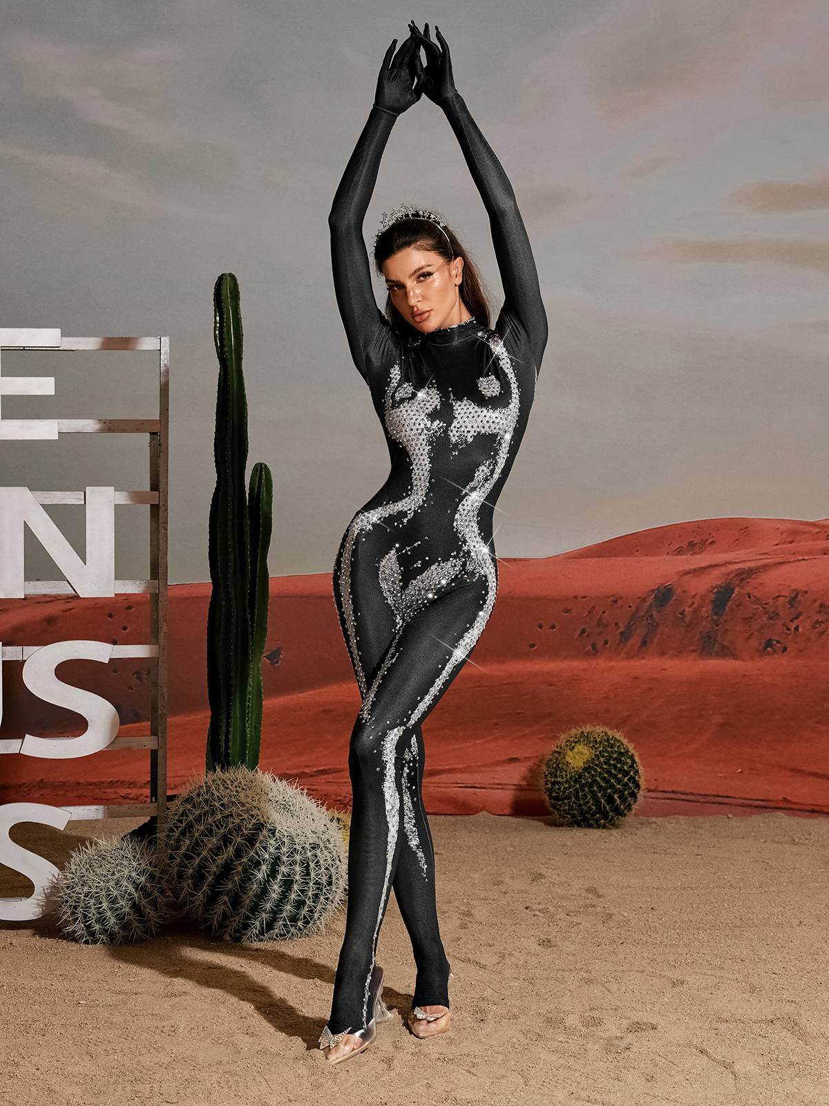 Body Printed Rhinestone Gloves Jumpsuit In silver - REBECATHELABEL