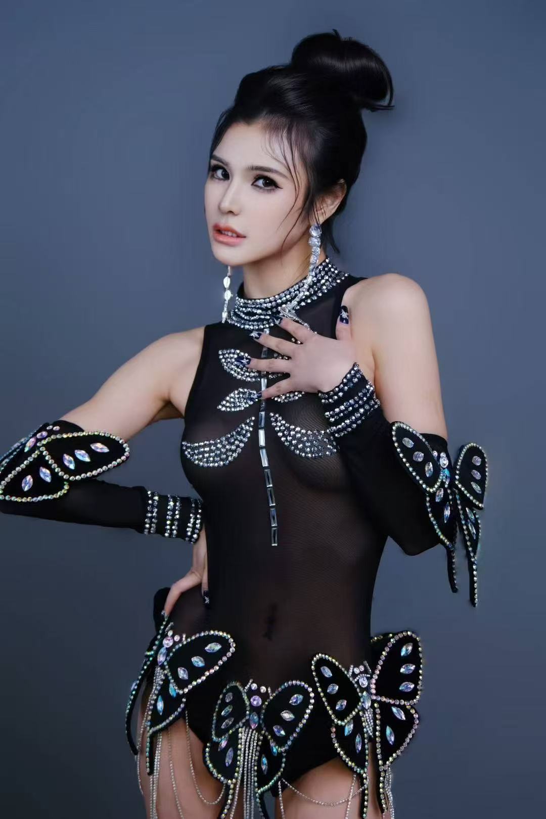 Sparkly Rhinestones Chain Butterfly Tight Bodysuit With Sleeves