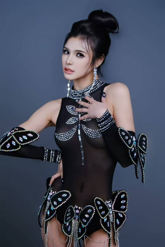 Sparkly Rhinestones Chain Butterfly Tight Bodysuit With Sleeves