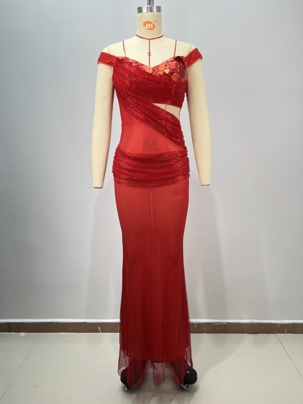 Shoulder-dropping Red Waist Slimming Sequined Dress