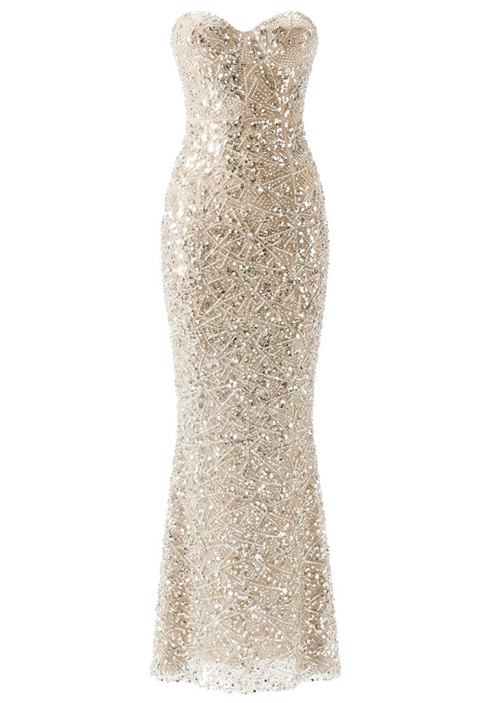Embellished Strapless Bustier Maxi Dress Nude