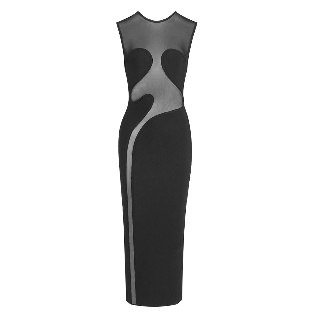 Mesh Patchwork Sheer O-Neck Elegant Sheath Split Bodycon