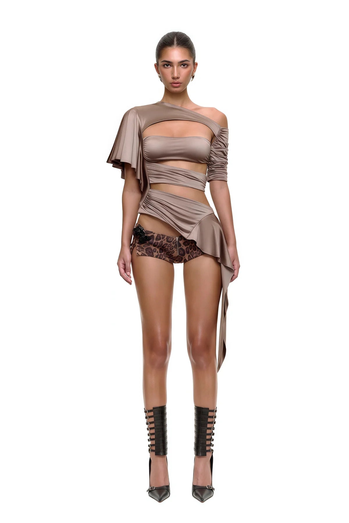 Brown Asymmetrical Cut Out Satin Top