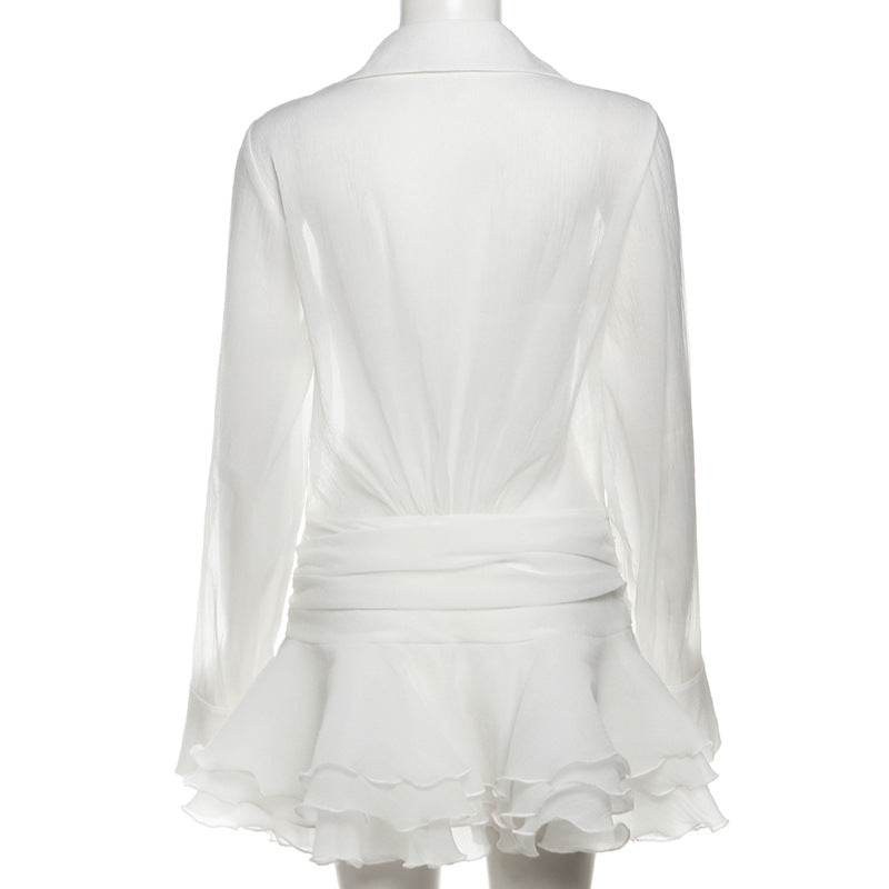 Polo Collar V Neck Flared Sleeves Voile Slim Fit Dress - REBECATHELABEL