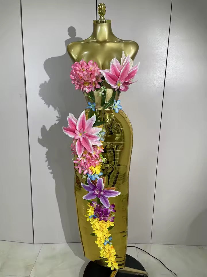 3D Flower Golden Mesh Top Bodycon Long Dress Two-Piece Set