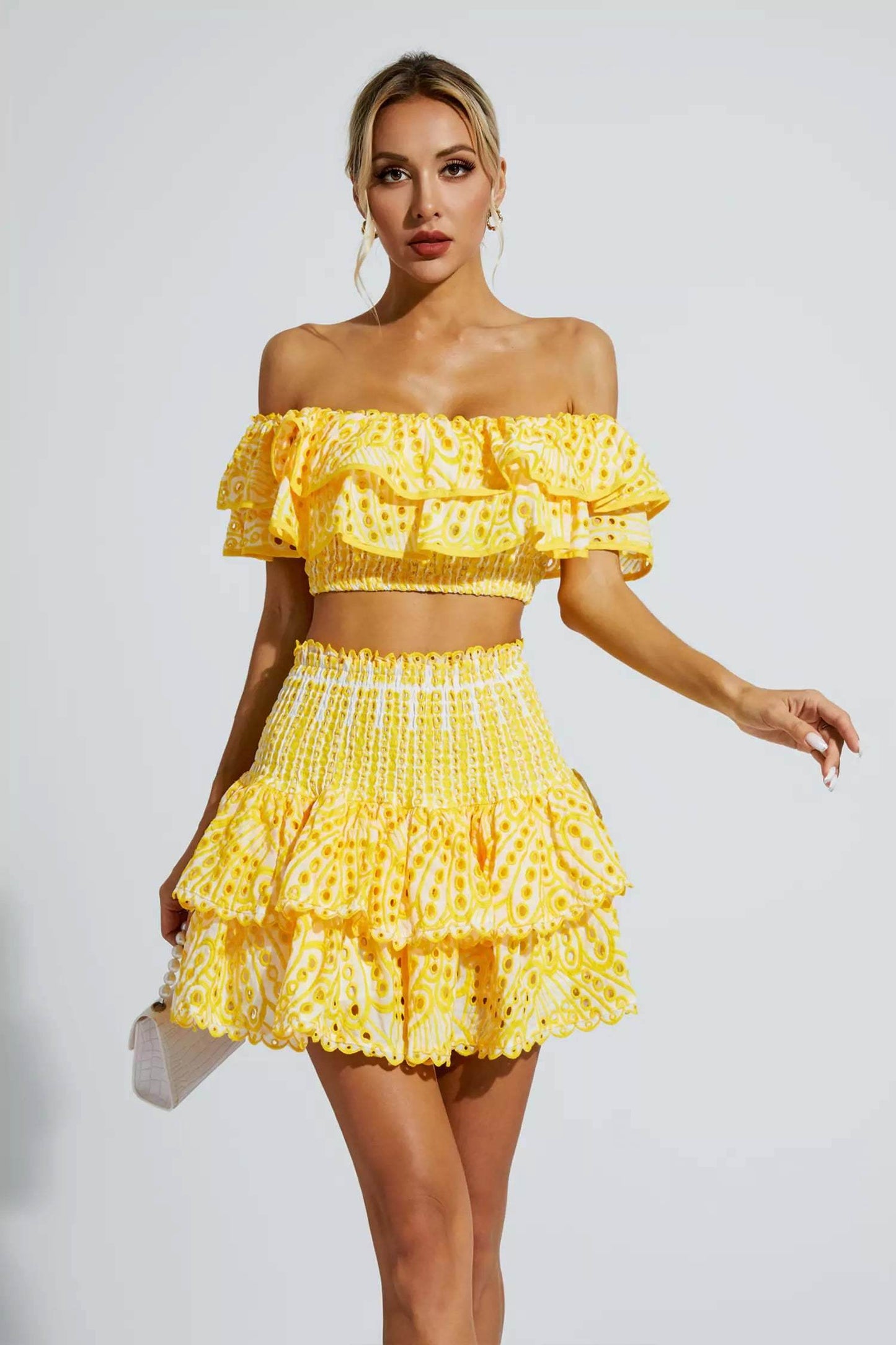 Yellow Floral Ruffle Off-Shoulder Set - REBECATHELABEL