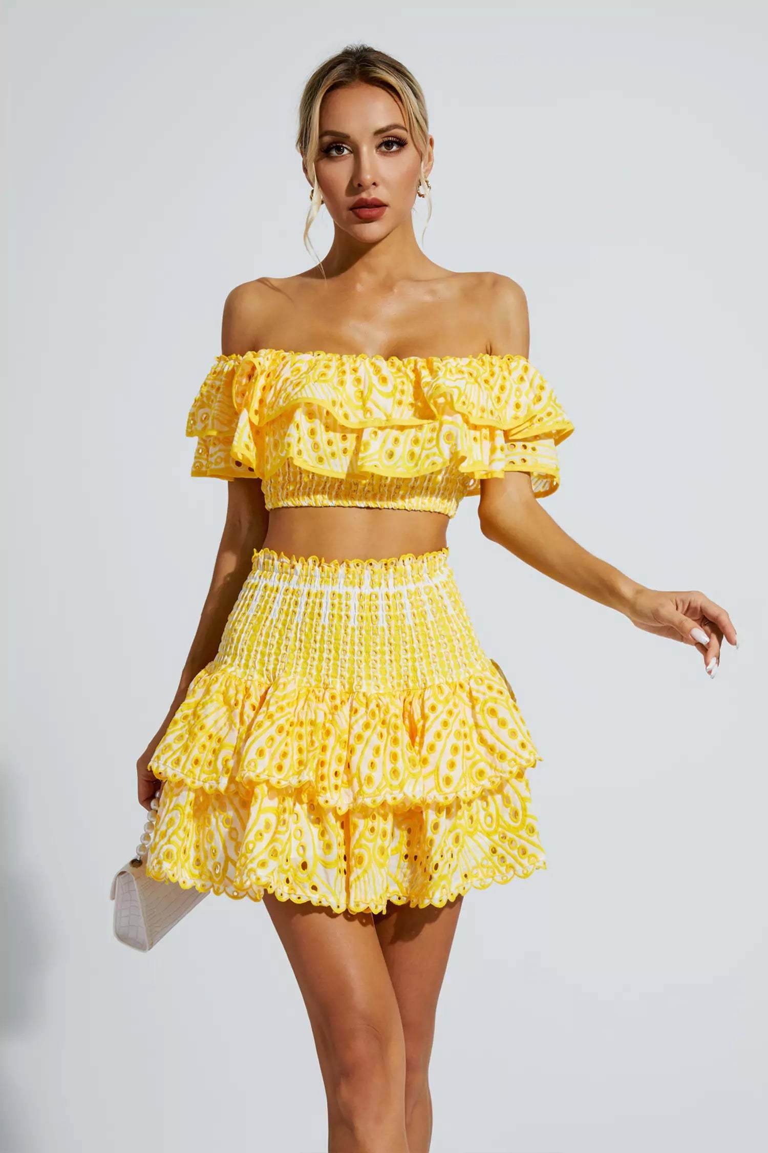 Yellow Floral Ruffle Off-Shoulder Set - REBECATHELABEL