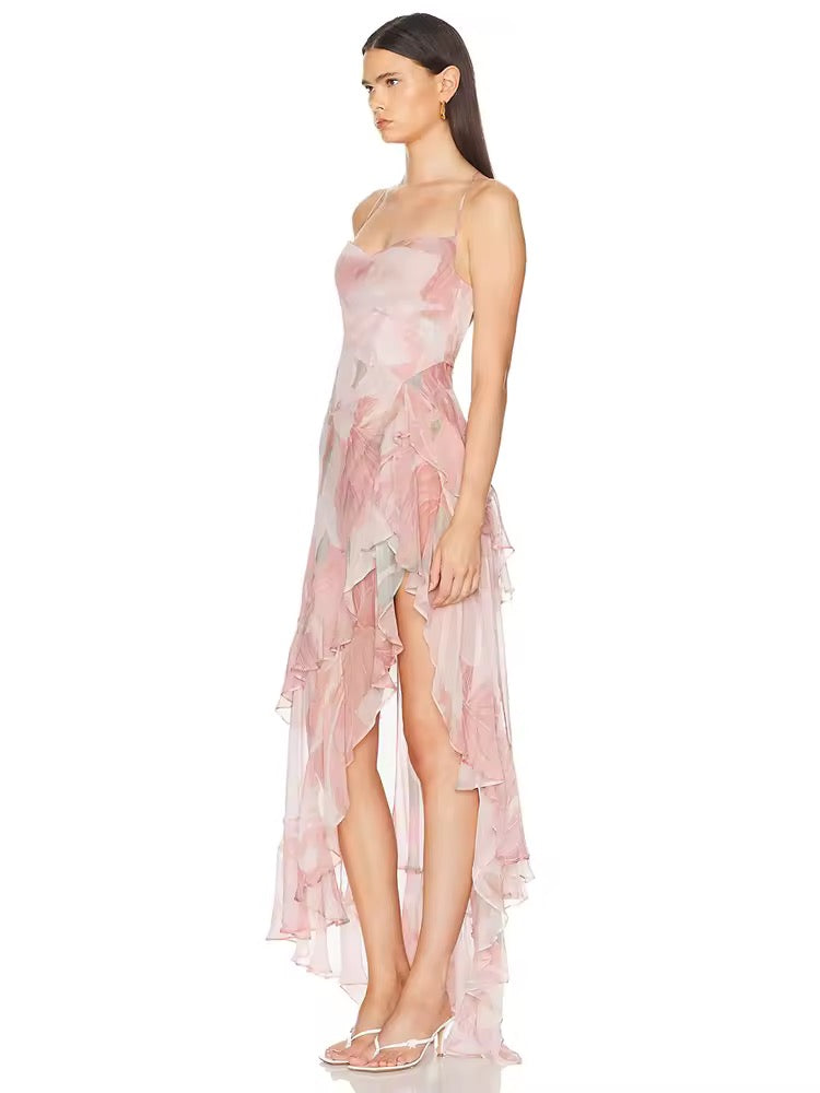 Pink Sleeveless Backless Spaghetti Strap Printed Ruffles Long Dress