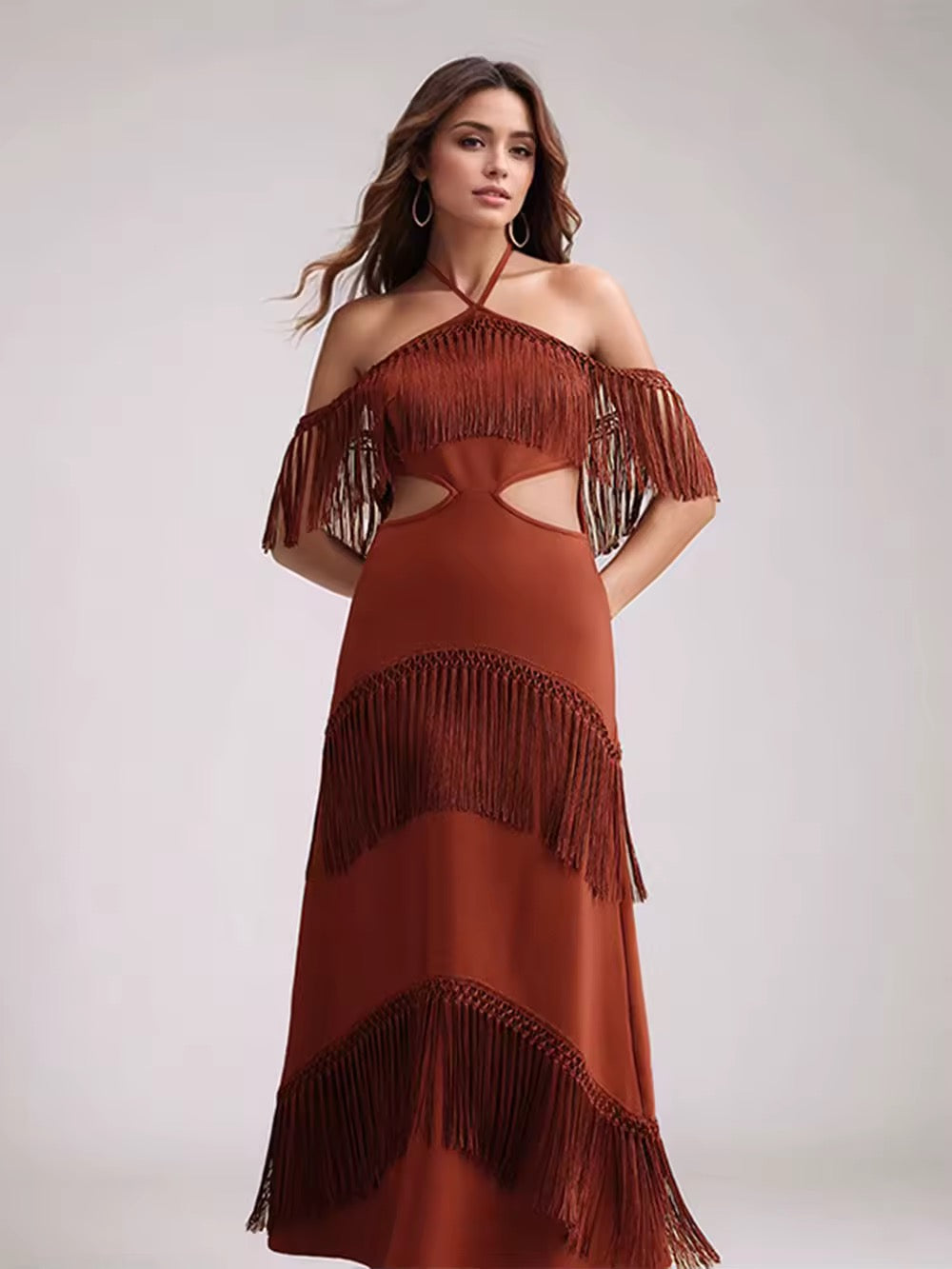 Tassels Solid Maxi Dress Sexy Halter Spaghetti Lady Long Dress