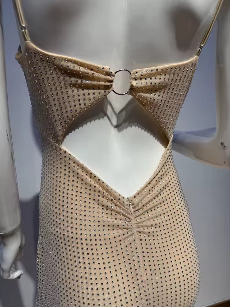 Sleeveless Backless Spaghetti Strap Hollow Out Diamonds Long Dress  Shiny Rhinestone Split Dress