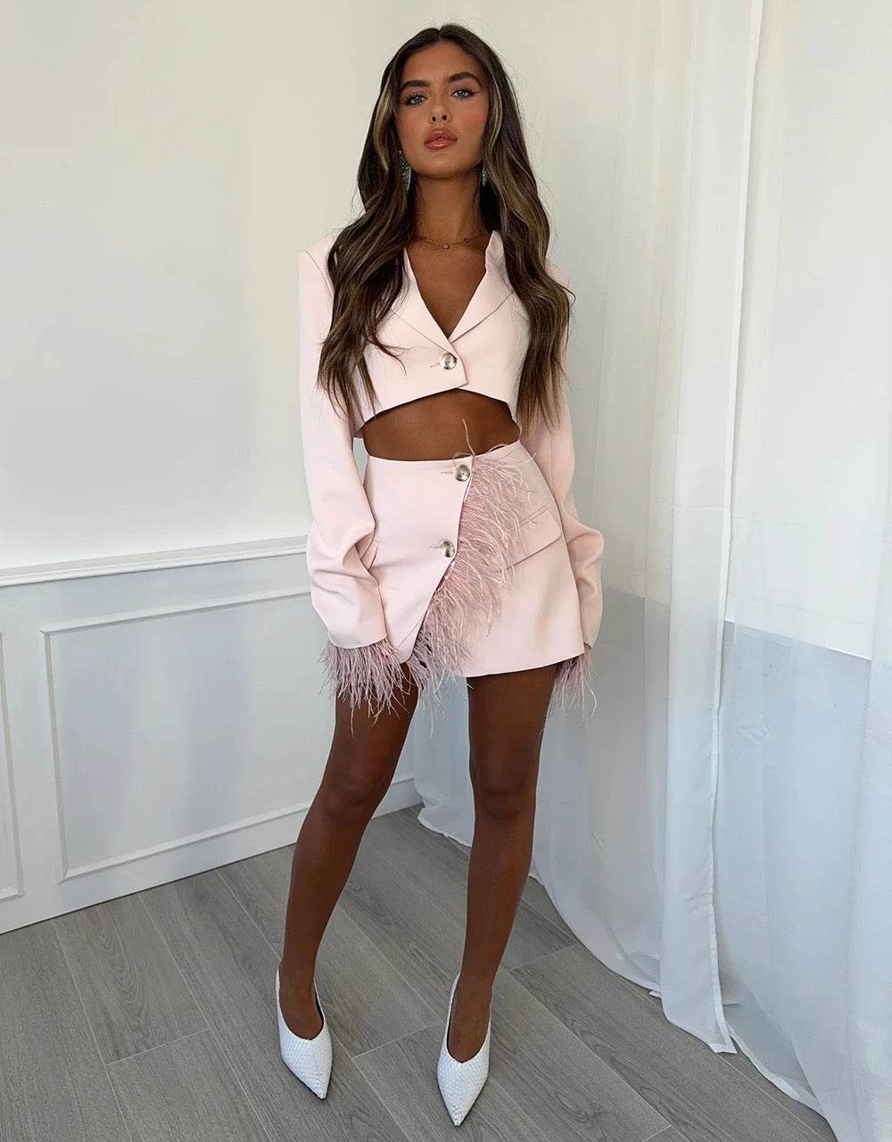 Feather Two piece Set Long sleeved Suit - REBECATHELABEL