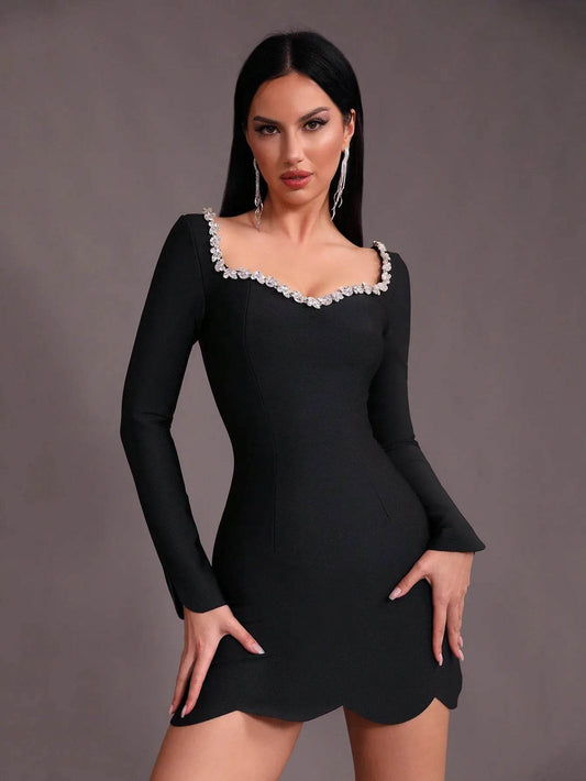 Long sleeved Diamond Short Tight Bandage Dress - REBECATHELABEL