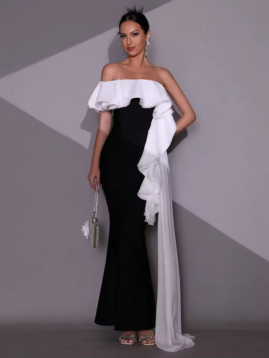 Off Shoulder Ruffle Slim Bandage Long Dress