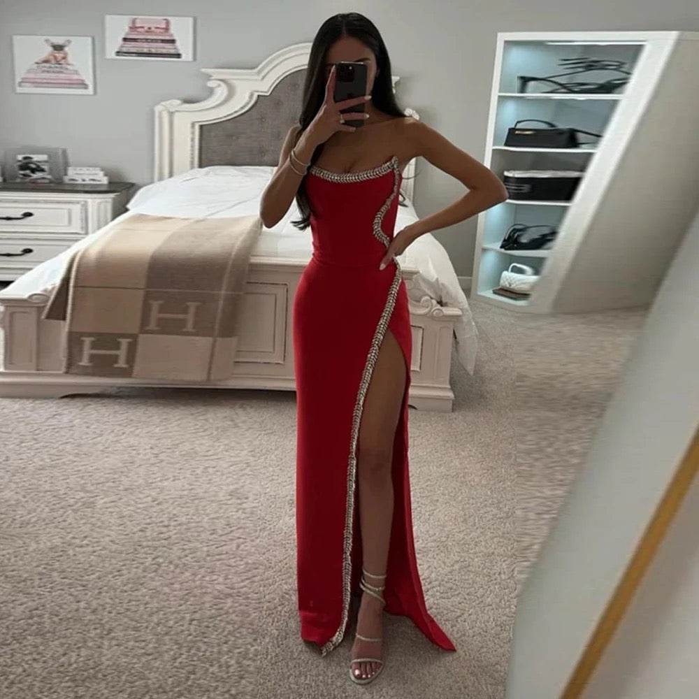 Strapless Crystal Diamond Decoration High Split Long Bandage Dress - REBECATHELABEL