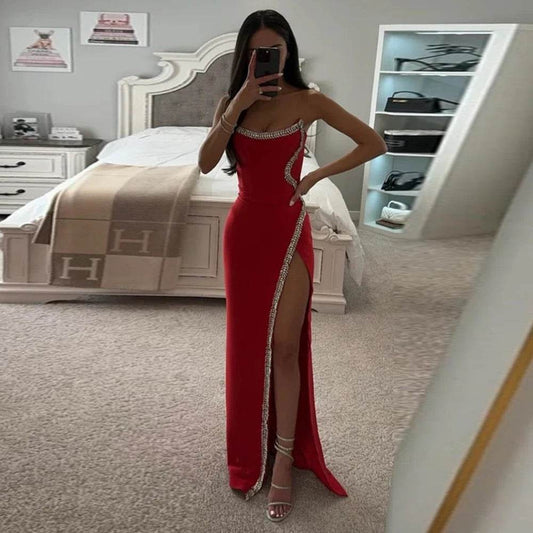 Strapless Crystal Diamond Decoration High Split Long Bandage Dress - REBECATHELABEL