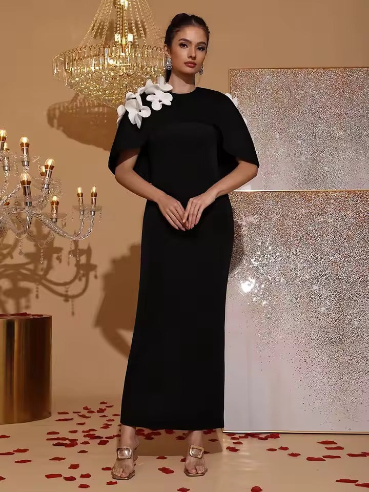 Black Splicing Appliques Shawl Sleeves Slim Long Dress