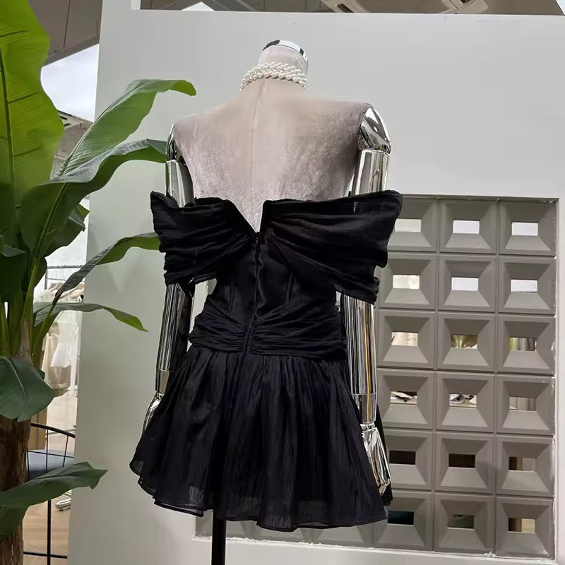 Off The Shoulder Sleeve Metal Buckle Patchwork Mini Dress