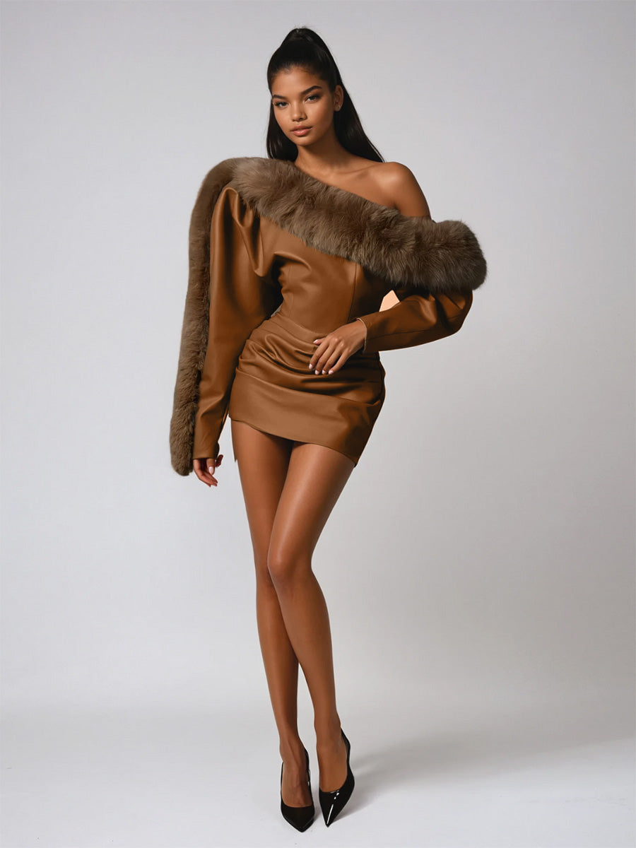 One Shoulder Leather Faux Fur Mini Dress In Caramel