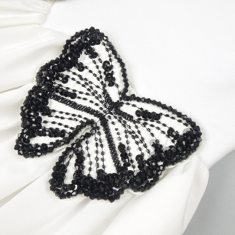 White Midi Dress With Butterfly - Embellished Square Collar Backless dress