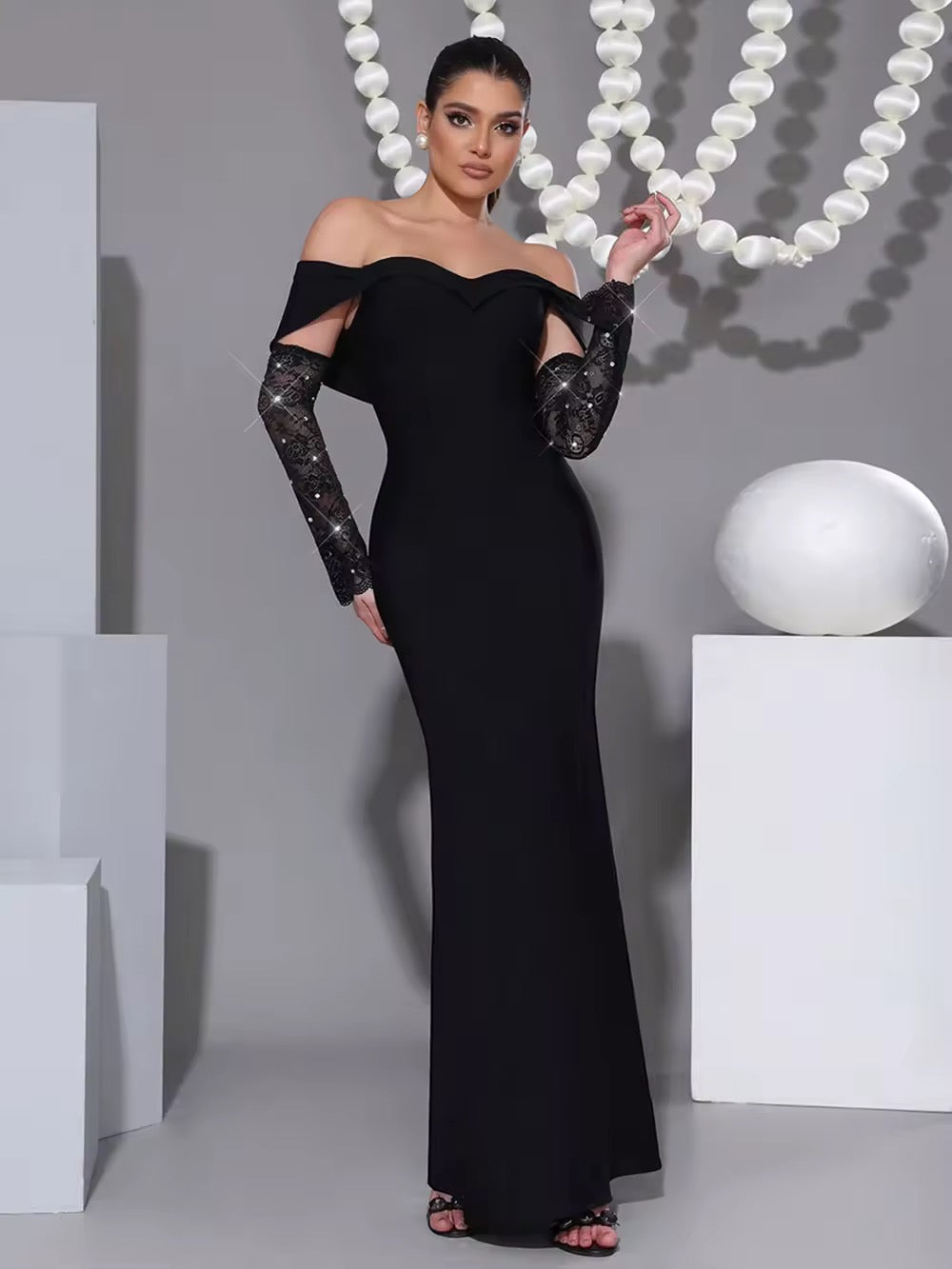 Black Bandage Maxi With Lace Sleeve Dress