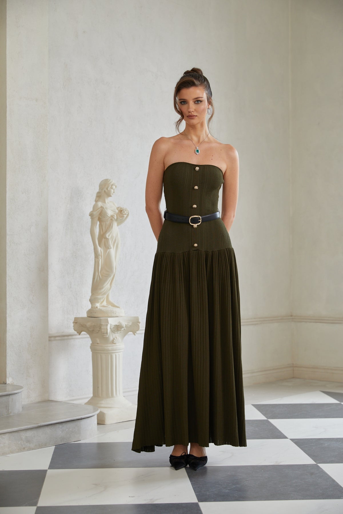 Green Off Shoulder Ribbed Knit Maxi Dress