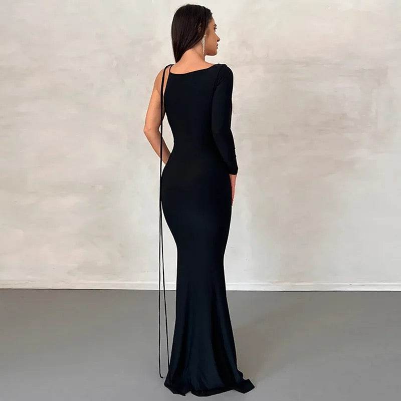 One Shoulder Backless Maxi Dress In Black - REBECATHELABEL