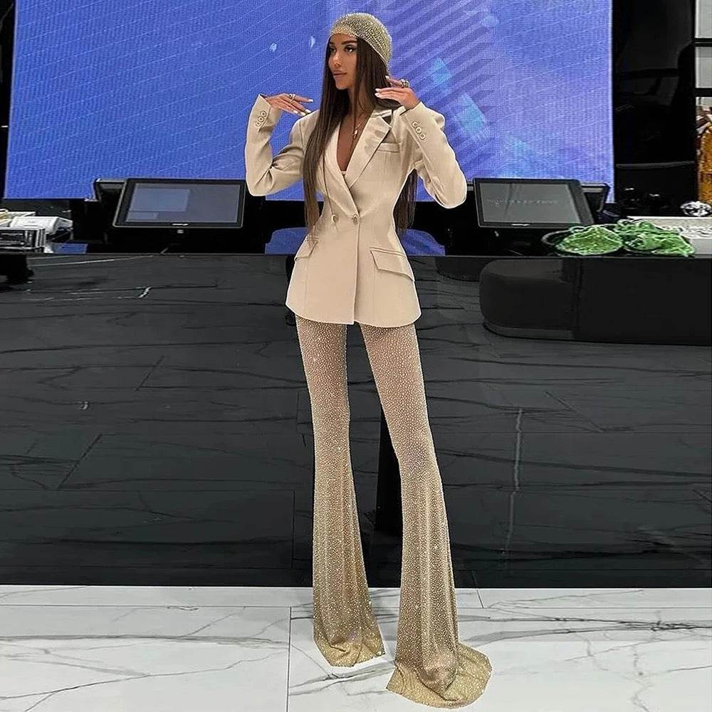 Two Piece diamond Long sleeved Double Button Suit Top set - REBECATHELABEL