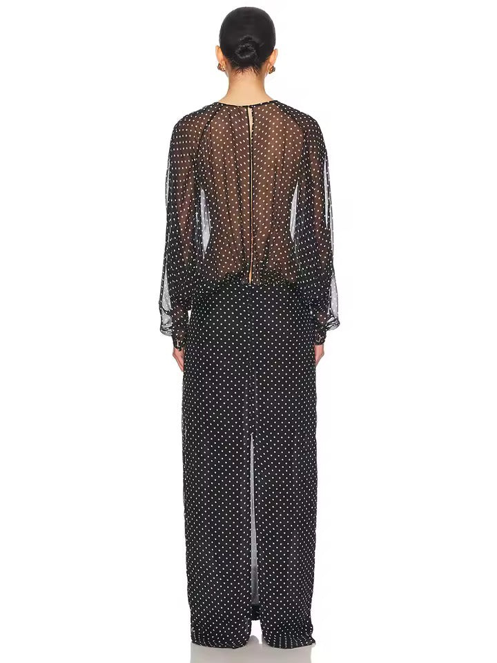 Black Dot Long Sleeve See-Through Maxi Dress