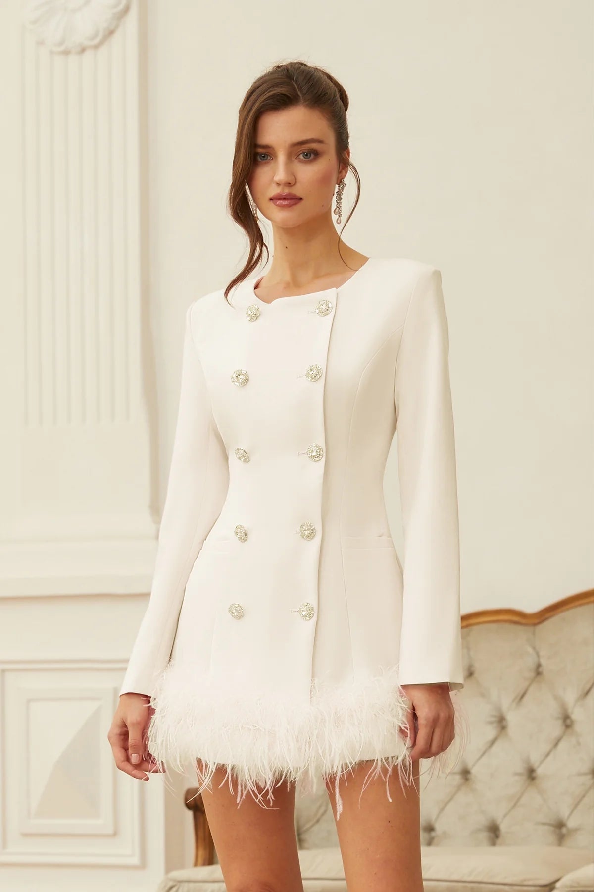 White Feather Trim Mini Blazer Dress