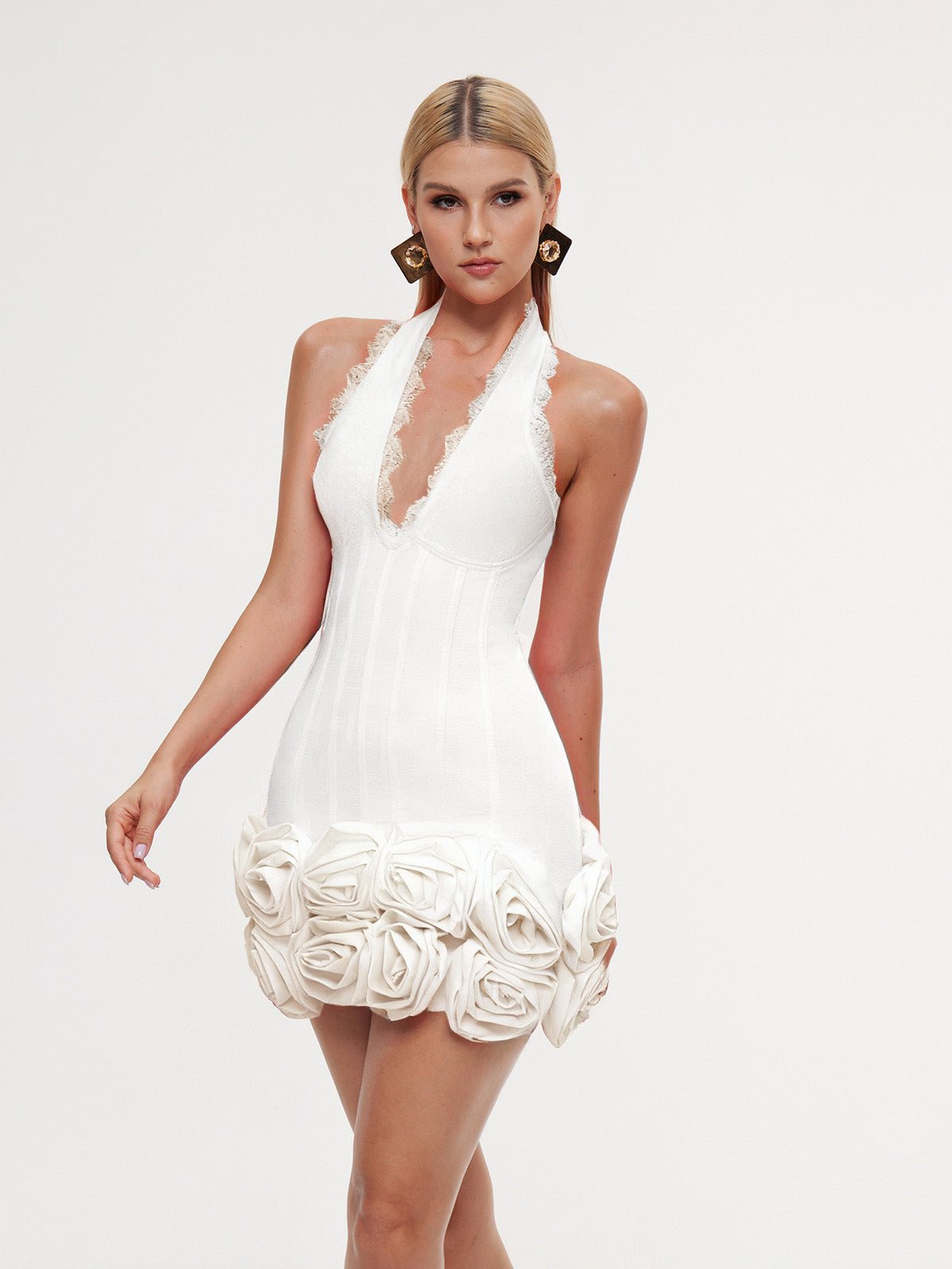Halterneck Flower Bandage Mini Dress In White
