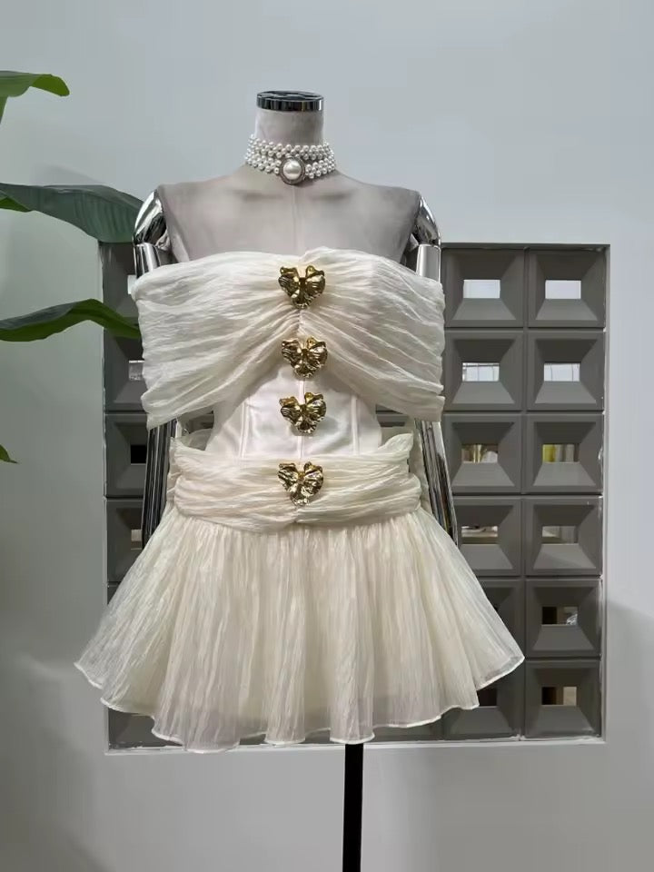 Off The Shoulder Sleeve Metal Buckle Patchwork Mini Dress