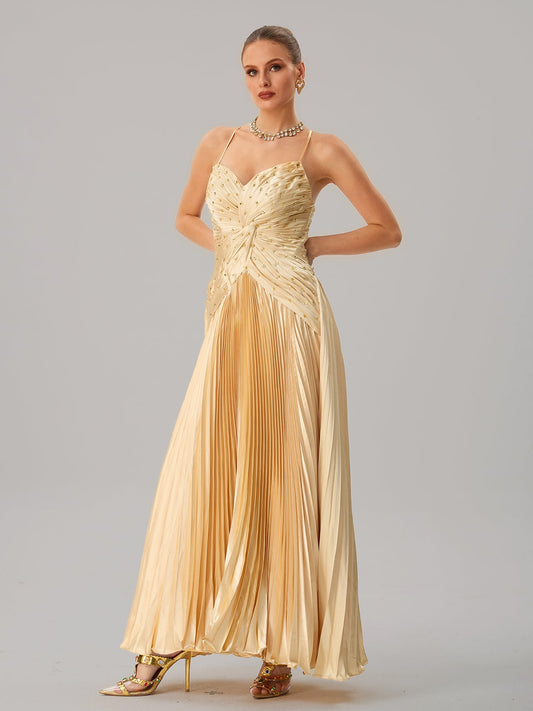 Spaghetti Twisted Pleated Maxi Dress