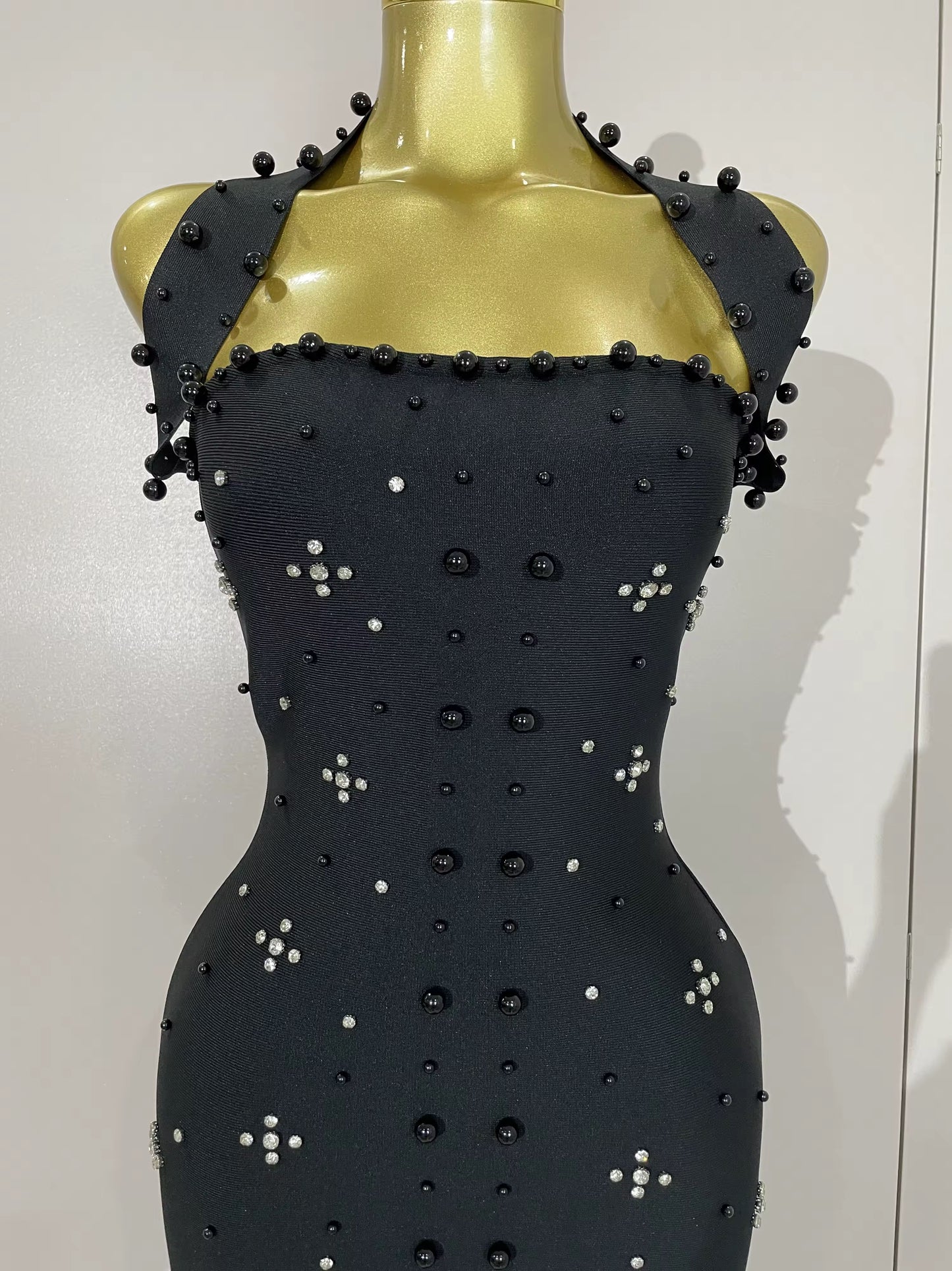 Sparkly Rhinestone Pearl Sleeveless Bodycon Bandage Long Dress