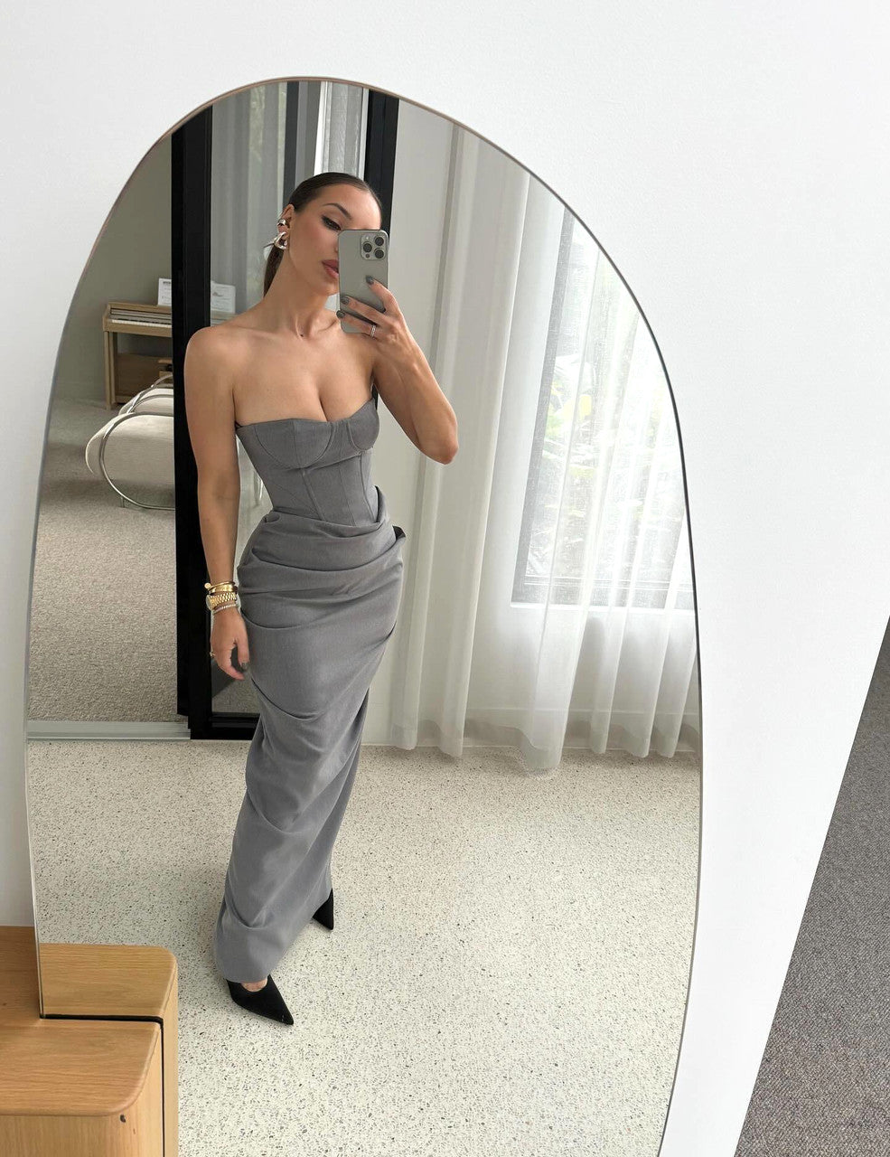Strapless Draped Two Piece Maxi Dress Grey