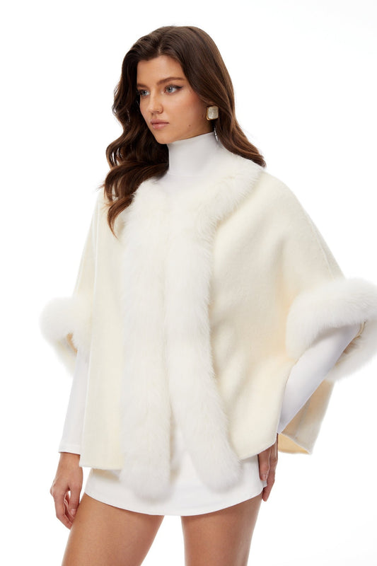 White Fur Panel Wool Cape Coat