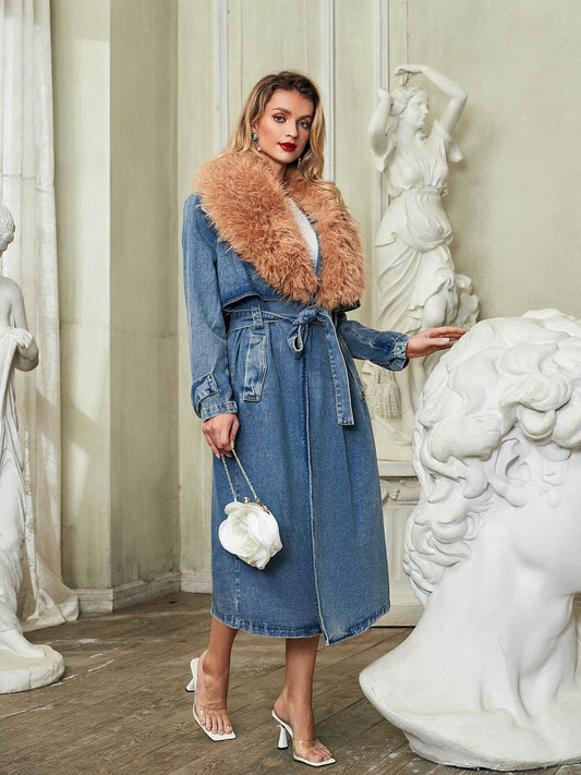 Faux Fur Collar Denim Coat - REBECATHELABEL