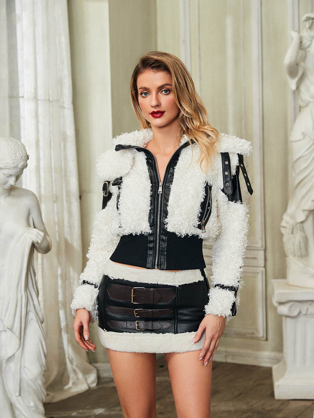 Faux Fur Patchwork Leather Skirt Set - REBECATHELABEL