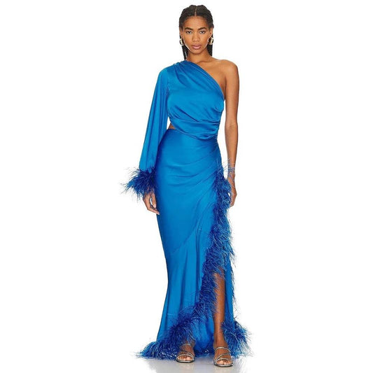 Feather Edge Sexy One Shoulder Hollow Pleated Long Dress - REBECATHELABEL
