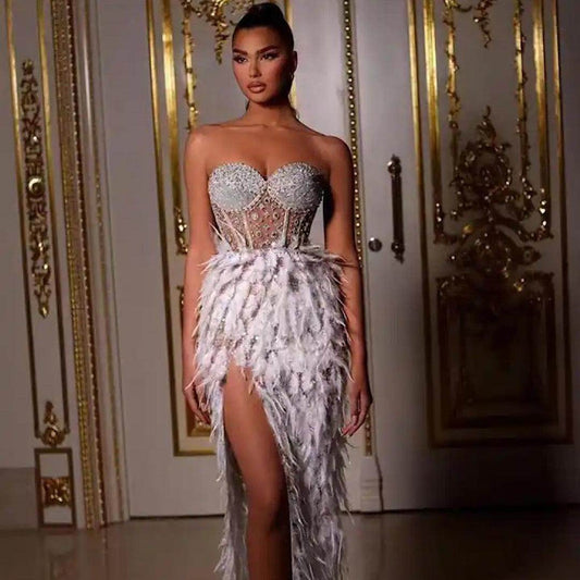 Feather Pearl Beading Ankle Length Dress - REBECATHELABEL