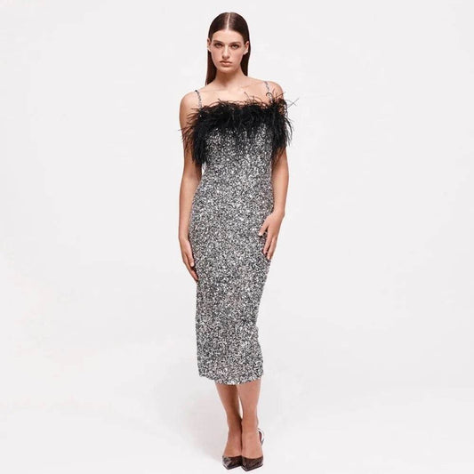 Feather Sequin Diamond Chain Strap Silver dress - REBECATHELABEL