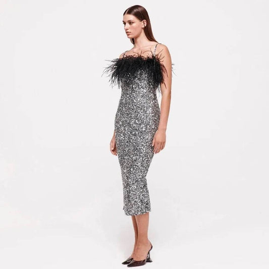 Feather Sequin Diamond Chain Strap Silver dress - REBECATHELABEL
