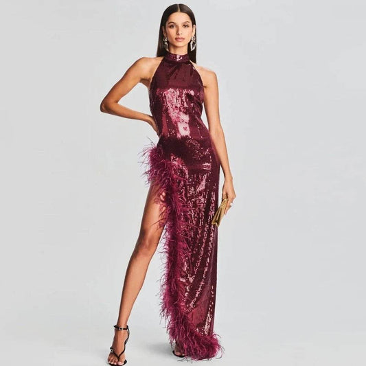 Feather Sequins Wine Red Sleeveless Backless High Split Maix Dress - REBECATHELABEL