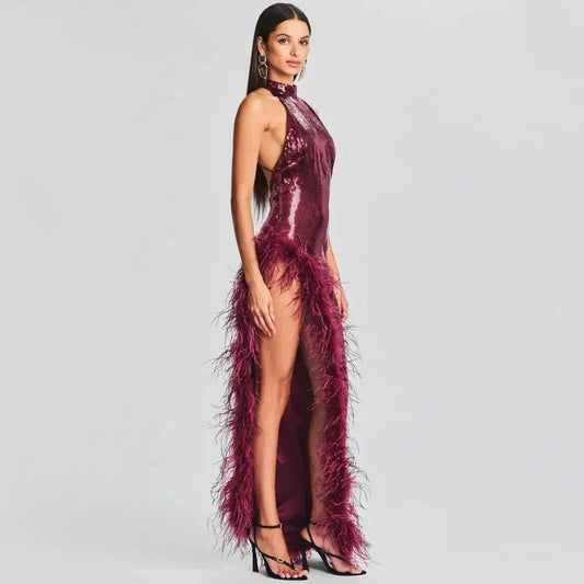 Feather Sequins Wine Red Sleeveless Backless High Split Maix Dress - REBECATHELABEL