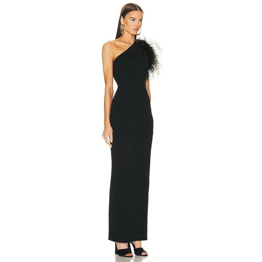Feather Sexy One Shoulder Sleeveless Tight Maxi Long Bandage Dress - REBECATHELABEL